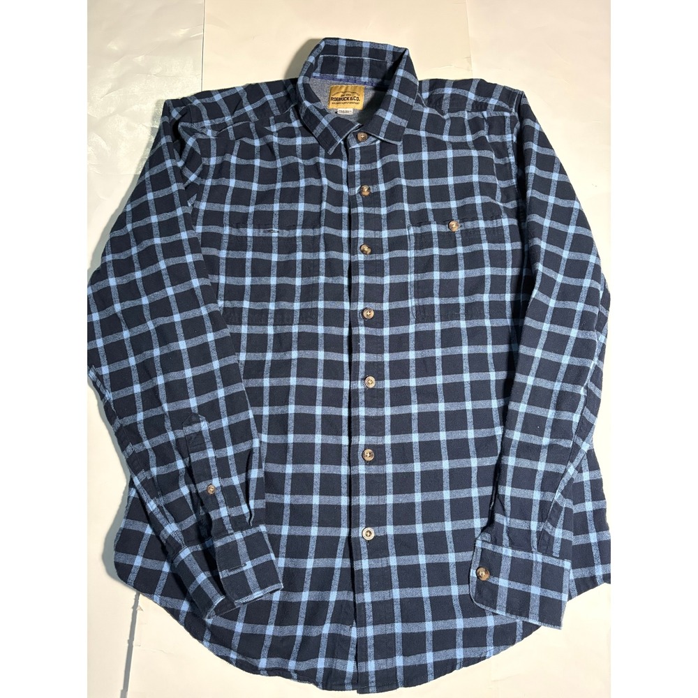 Roebuck & Co Flannel Shirt Mens Medium Blue Plaid Button Up Long Sleeve